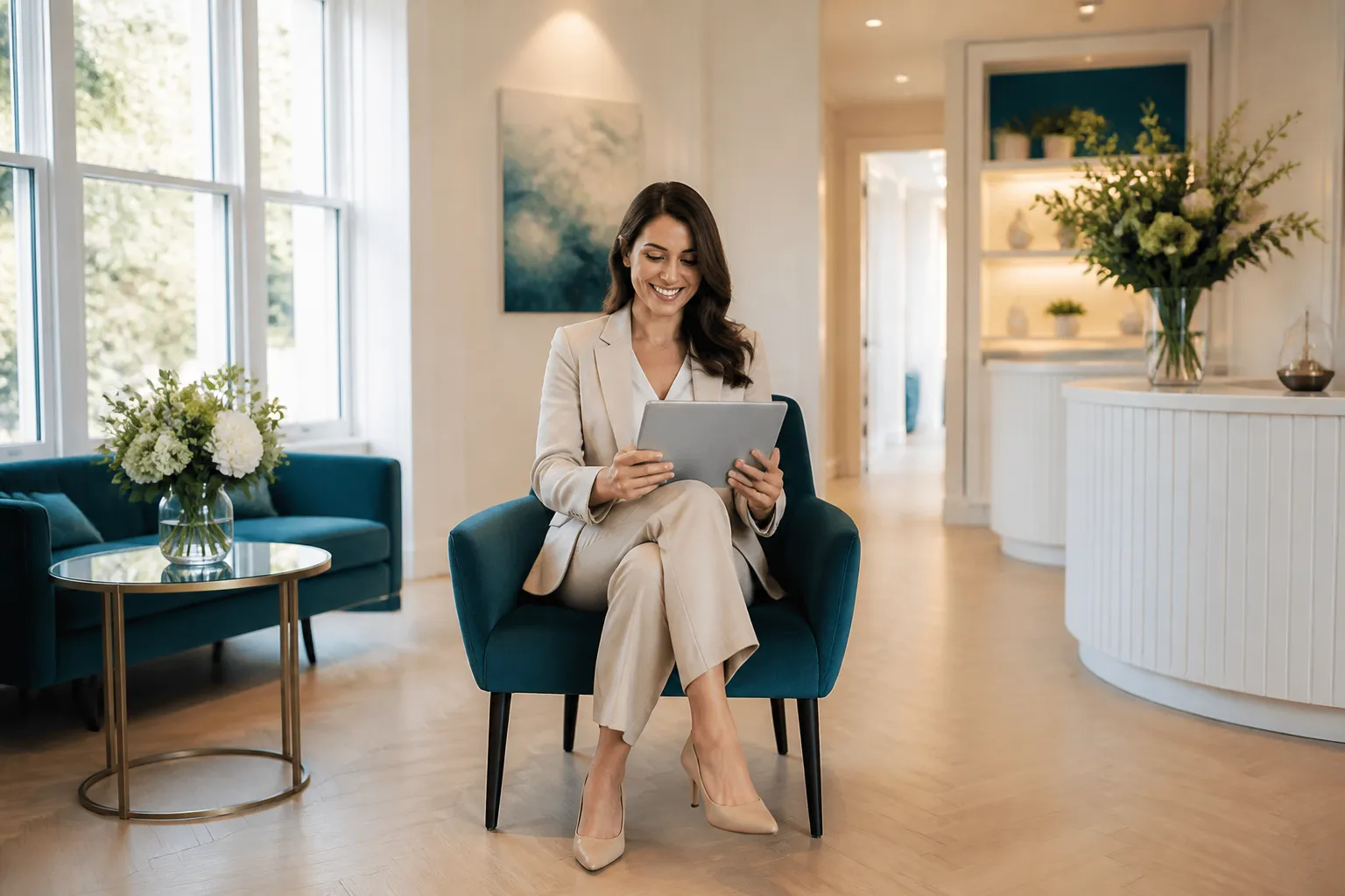 A warm, professional clinic coordinator reviewing an appointment confirmation in a modern private medical clinic