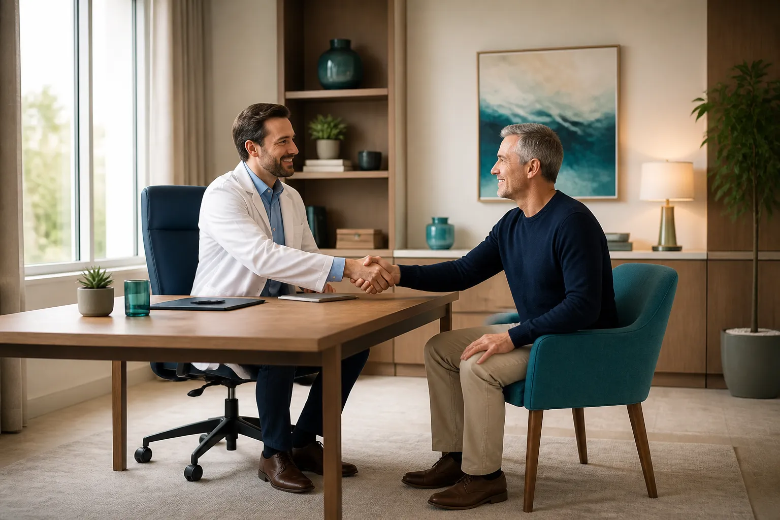 Doctor welcoming a patient in a modern private clinic consultation room